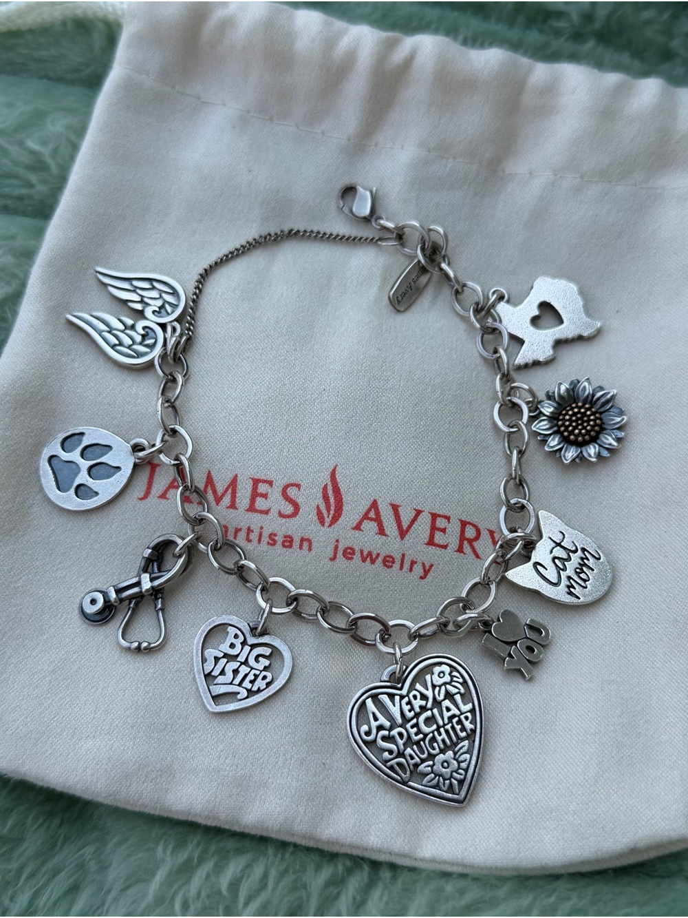 James Avery Silver Charm Bracelet with Heart, Sunflower, Wing and Paw Charms